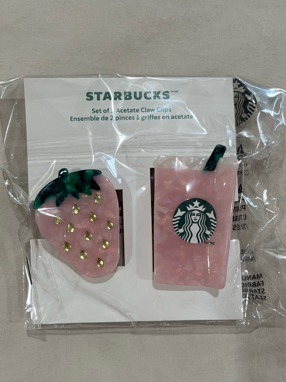 Starbucks Pink Strawberry & Pink Cup Acetate Claw Clips